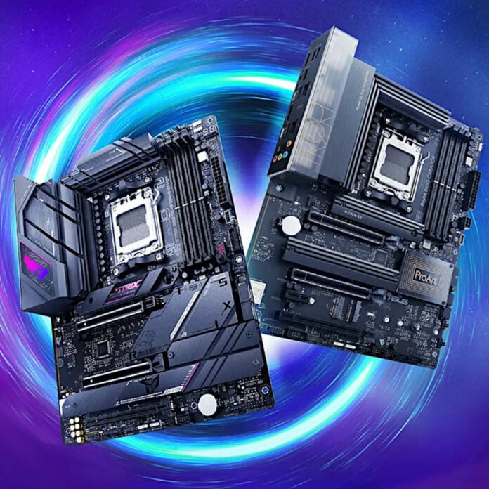 Two Asus motherboards floating in a blue-pink ring.