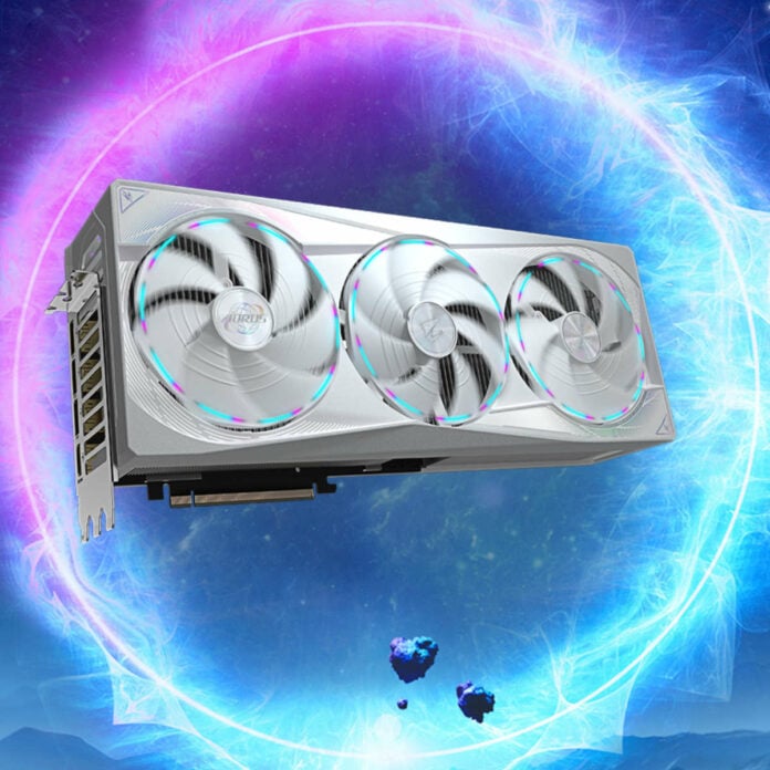 Gigabyte Aorus RTX 5080 Master Ice graphics card, floating in the centre of a pink-blue ring.