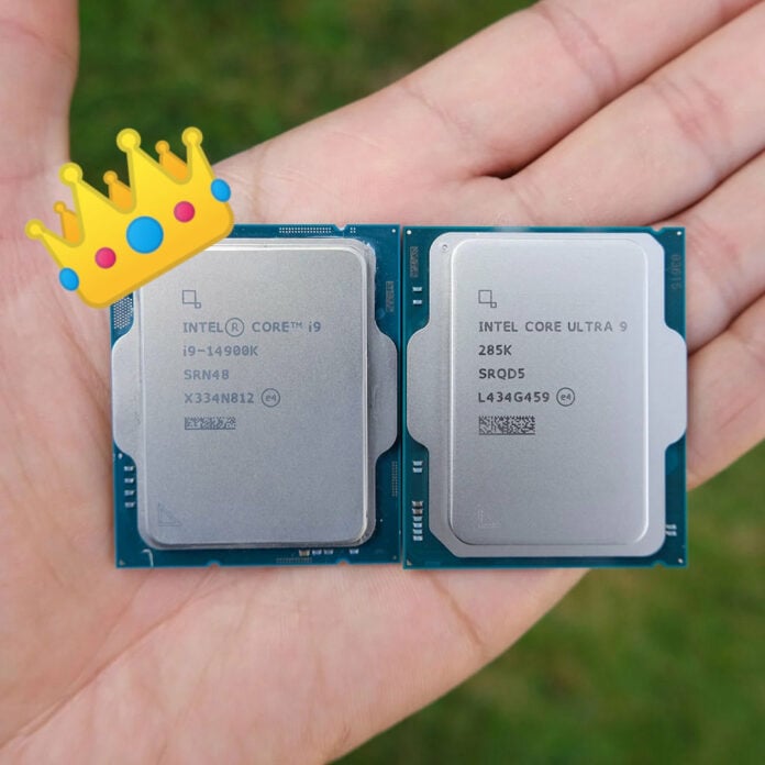 Intel Core i9-14900K (left) wearing a cartoon crown, next to a Core Ultra 9 285K (right), in the palm of a hand.