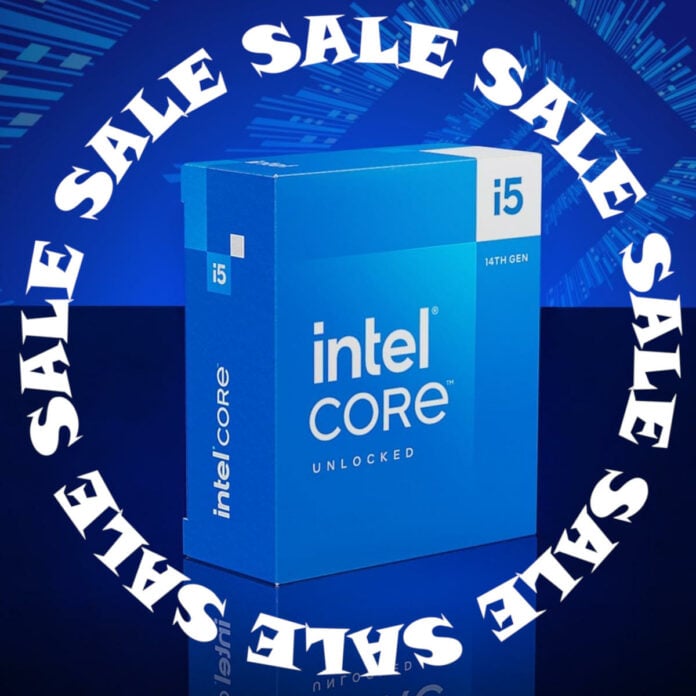 Intel Core i5-14600K retail packaging surrounded by the word 'sale' in a circle.