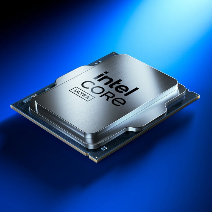 3D render of an Intel COre Ultra processor against a blue background.