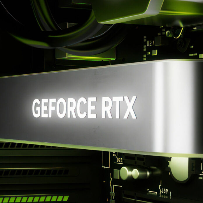 Close up of 'GeForce RTX' logo on a render of a graphics card.