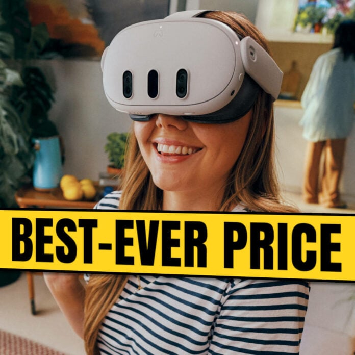 Person wearing Meta Quest 3S headset, with a yellow banner underneath them that reads 'best-ever price'.