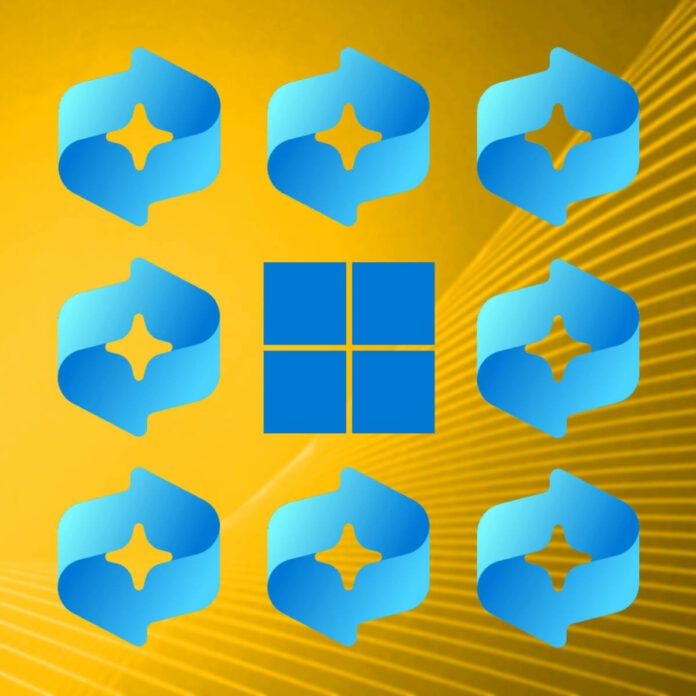 Microsoft Recall logo repeated eight times surrounding the Windows 11 logo.