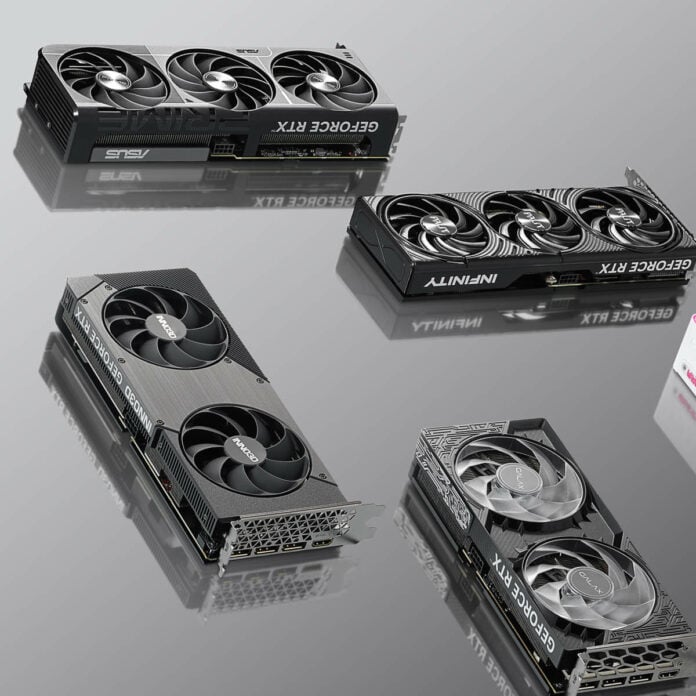 Four Nvidia GeForce RTX 50 Series graphics cards.