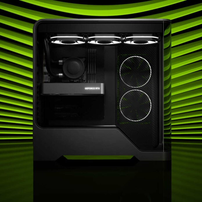 Key art for Nvidia GeForce RTX 5060 Series, including a generic Founders Edition graphics card inside a black PC surrounded by a green ribbed background.