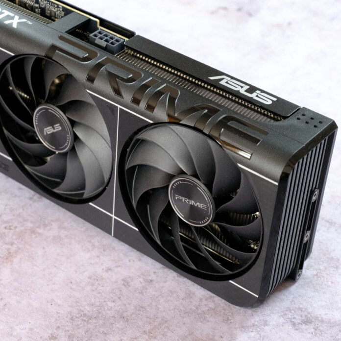 Asus Prime GeForce RTX 5060 Ti 16GB OC sits vertically, its Prime logos on full display.