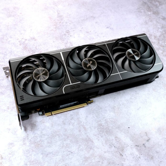 GeForce RTX 5060 Ti 16GB Overhead Wide shot of Asus Prime GeForce RTX 5060 Ti 16GB OC, showcasing its triple fan cooler.