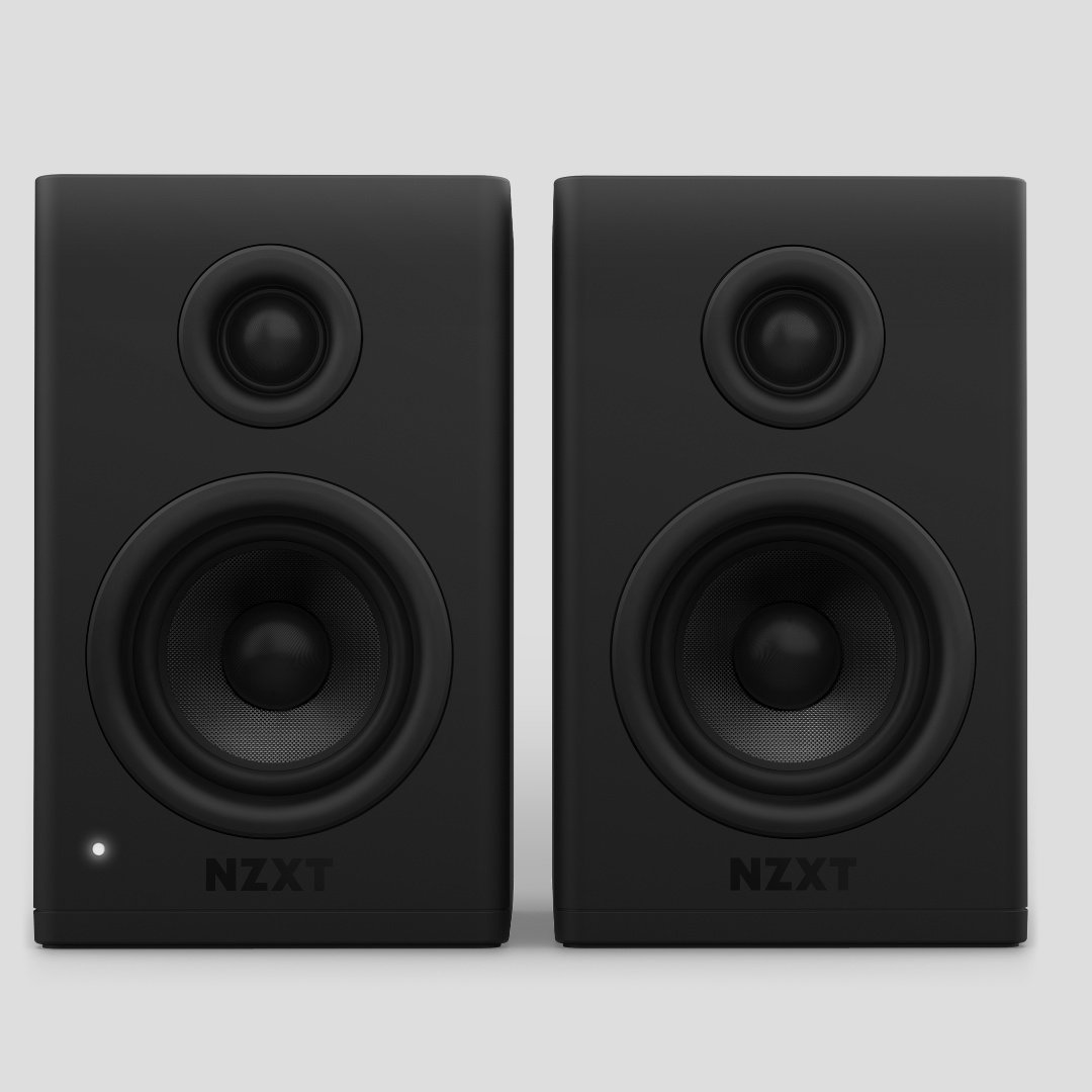 NZXT Relay speakers facing front against a grey background.