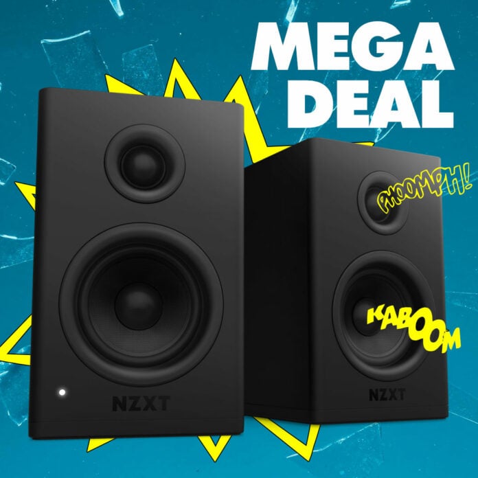 NZXT Relay speakers with comic text to emphasise sounds, like 'kaboom'.