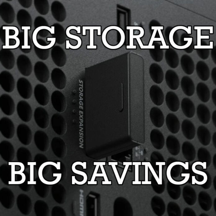 Seagate Expansion Card plugged into an Xbox Series X console, surrounded by text 'Big Storage' (top) and 'Big Savings' (bottom).