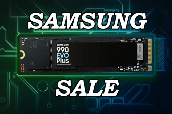 Samsung 990 Evo Plus SSD surrounded by text 'Samsung' (top) and 'Sale' (bottom).