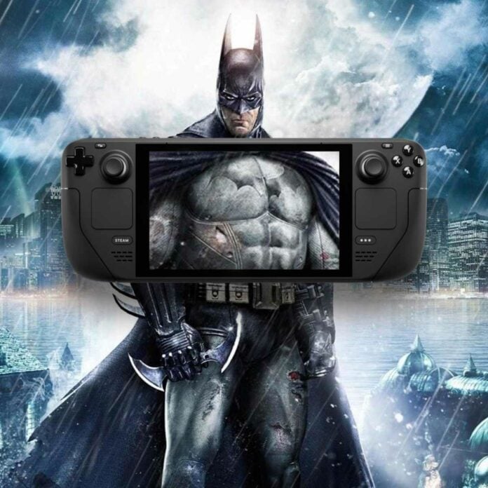 Poster of Batman: Arkham Asylum with a Steam Deck highlighting the Bat symbol on Batman's chest.