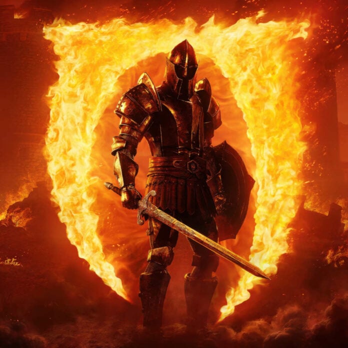 An armoured knight stands in front of an Oblivion logo made of flames.