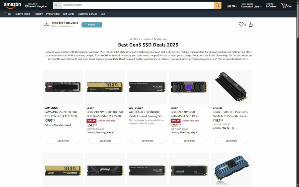 Screenshot of an Amazon webpage, which includes a link to a WD_Black SN8100 SSD.