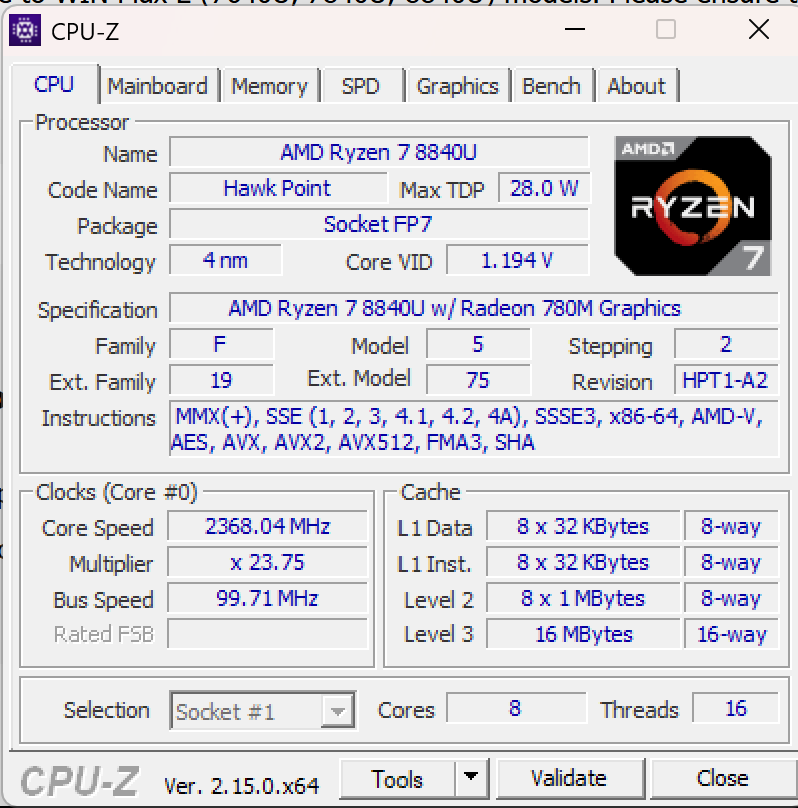 GPD Win Max 2 CPU-Z 1.