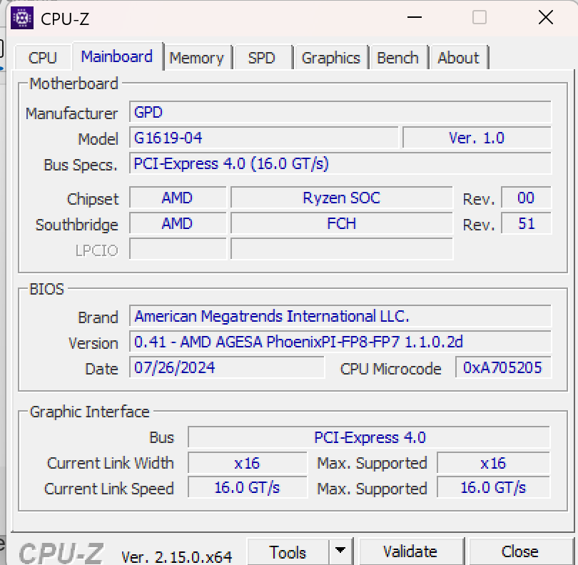 GPD Win Max 2 CPU-Z 2.