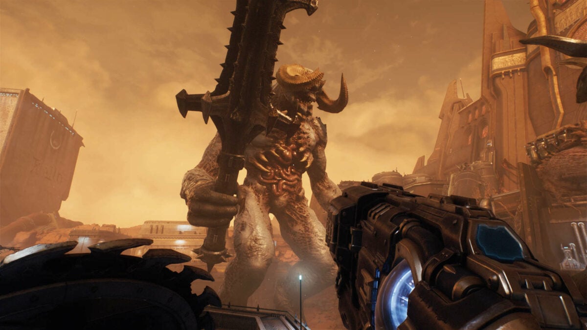 A Titan stands before The Slayer in Doom: The Dark Ages.