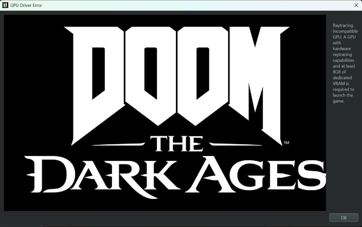 Doom: The Dark Ages memory requirement pop-up.