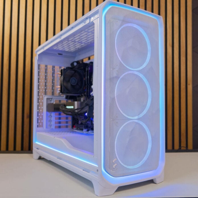 Fractal Design Meshify 3 XL Ambience Pro with RGB lights on.