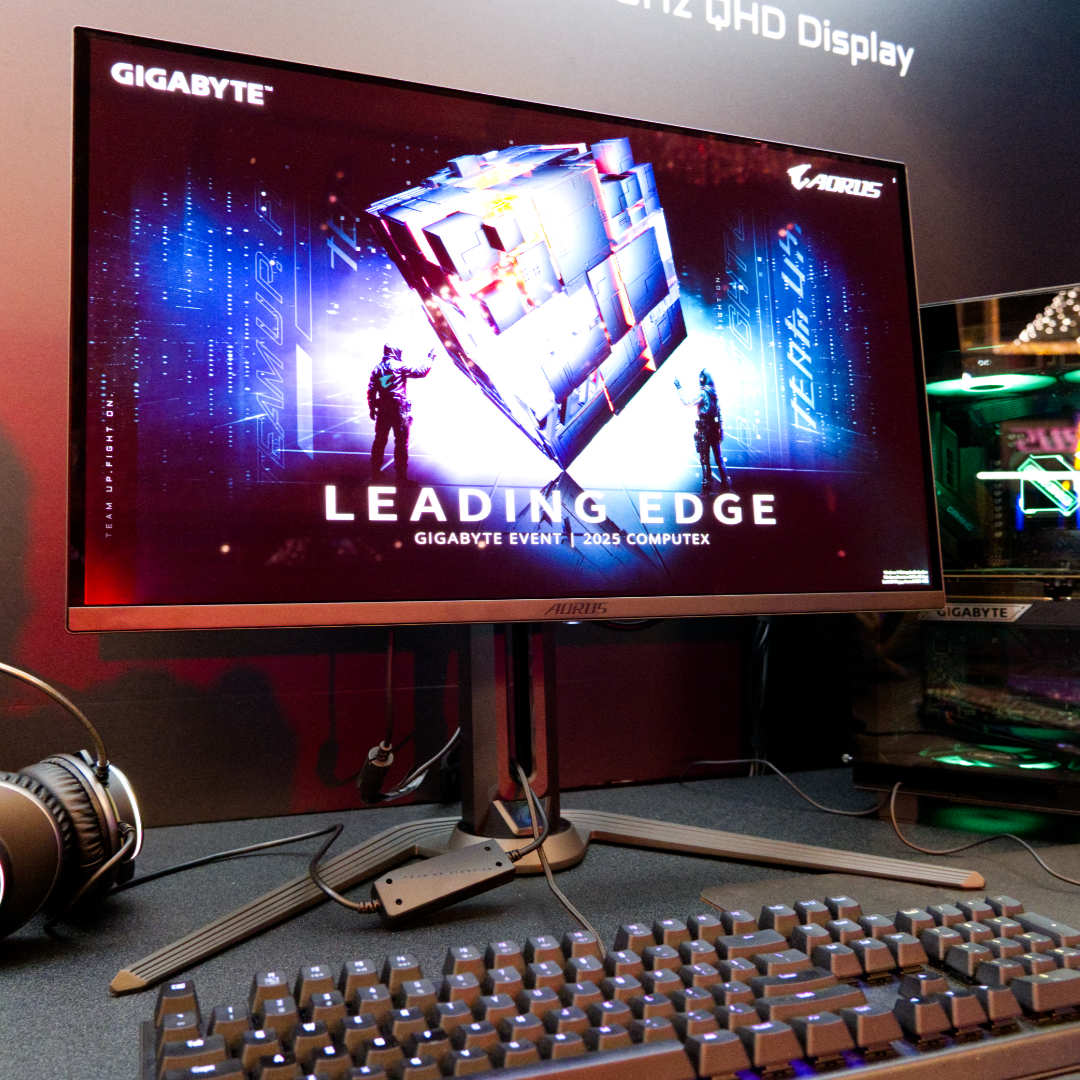 Gigabyte FO275P OLED gaming monitor facing right.