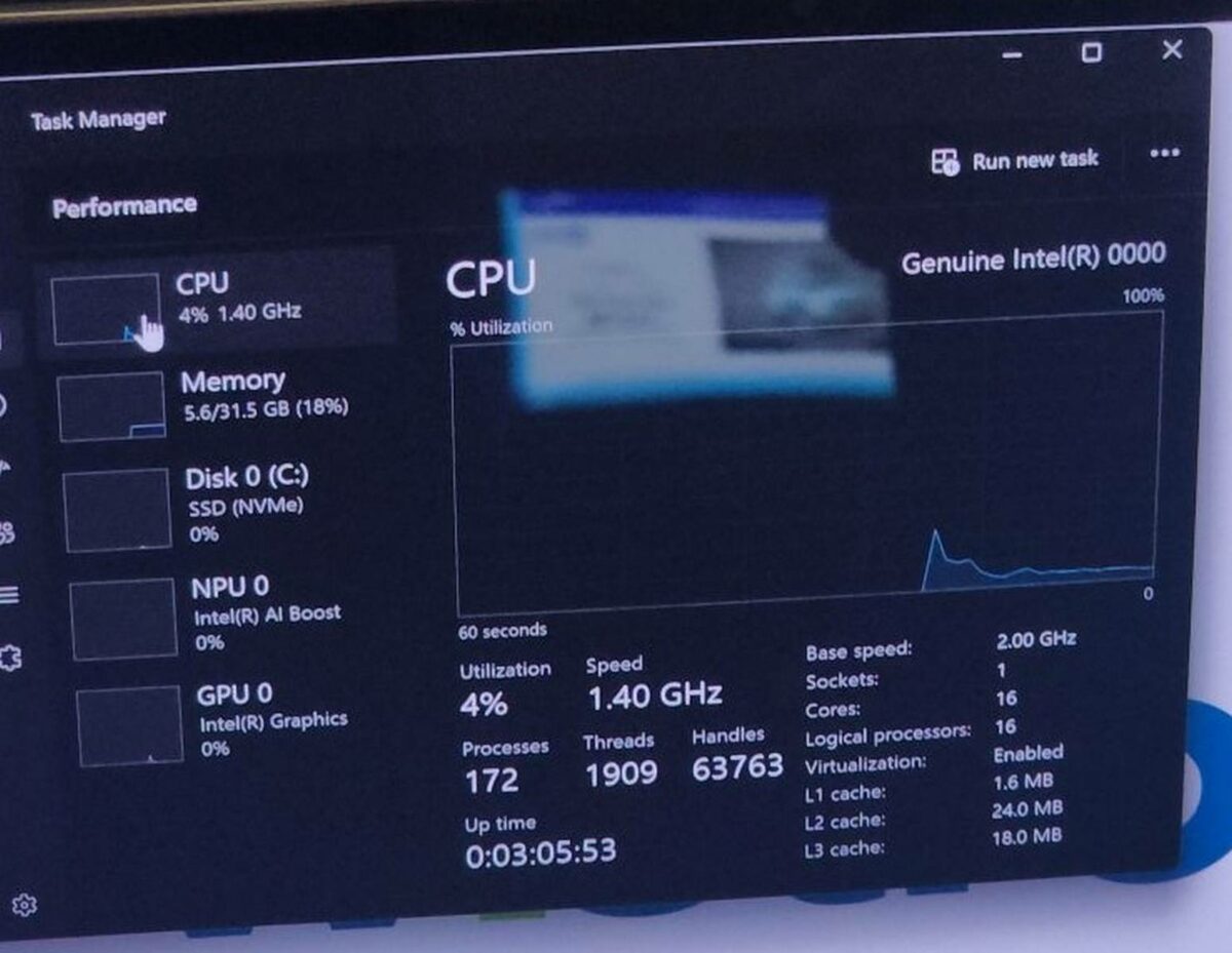 Intel Panther Lake CPU on task manager.