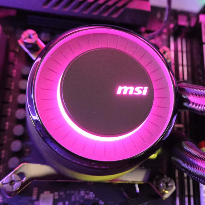 MSI MAG CoreLiquid E360 AIO pump glowing pink RGB lighting.
