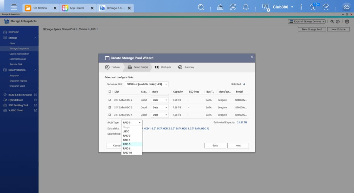 QNAP TS-342X QTS storage pool RAID setup.
