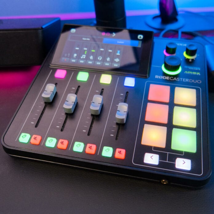 Rode Rodecaster Duo mixer with its light-up buttons.