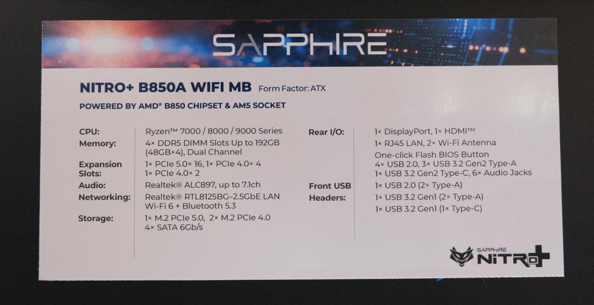 Nitro+ B850A WiFi MB specs.