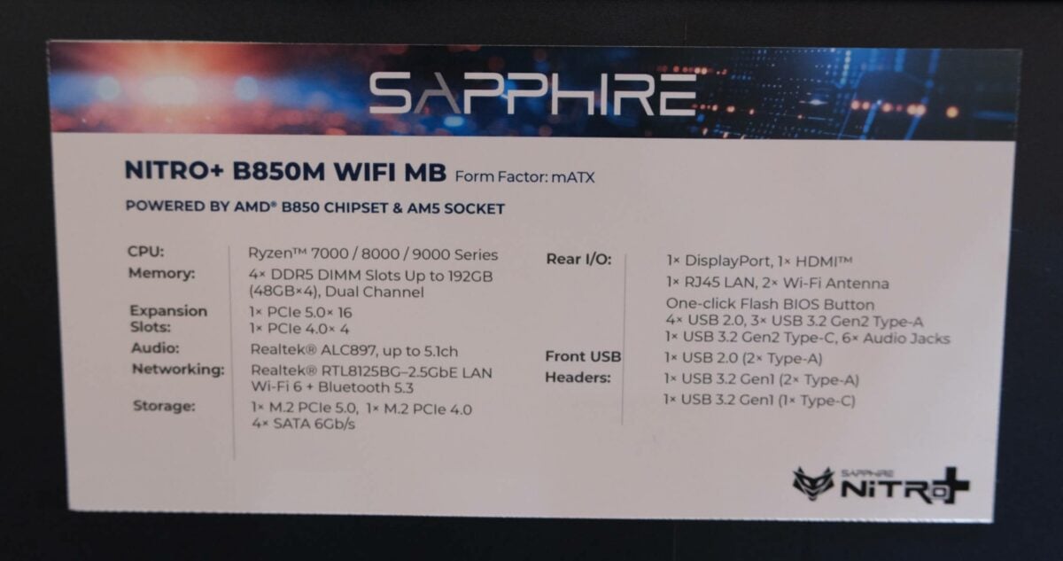 Sapphire Nitro+ B850M WiFI MB specs.