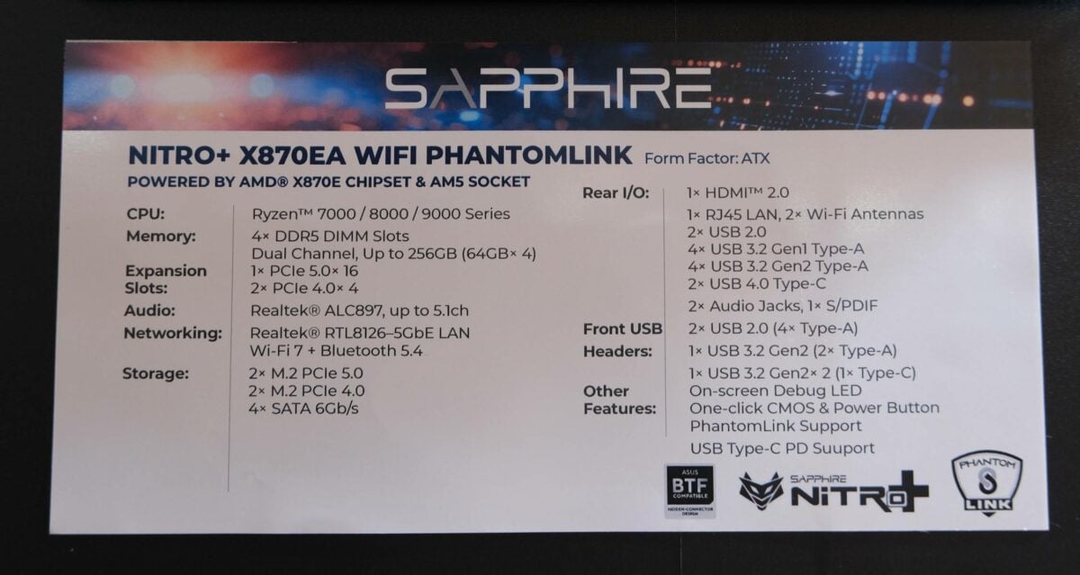 Sapphire Nitro+ X870EA WiFi PhantomLink specs.