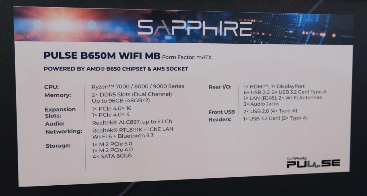 Pulse B650M WiFi MB specs.