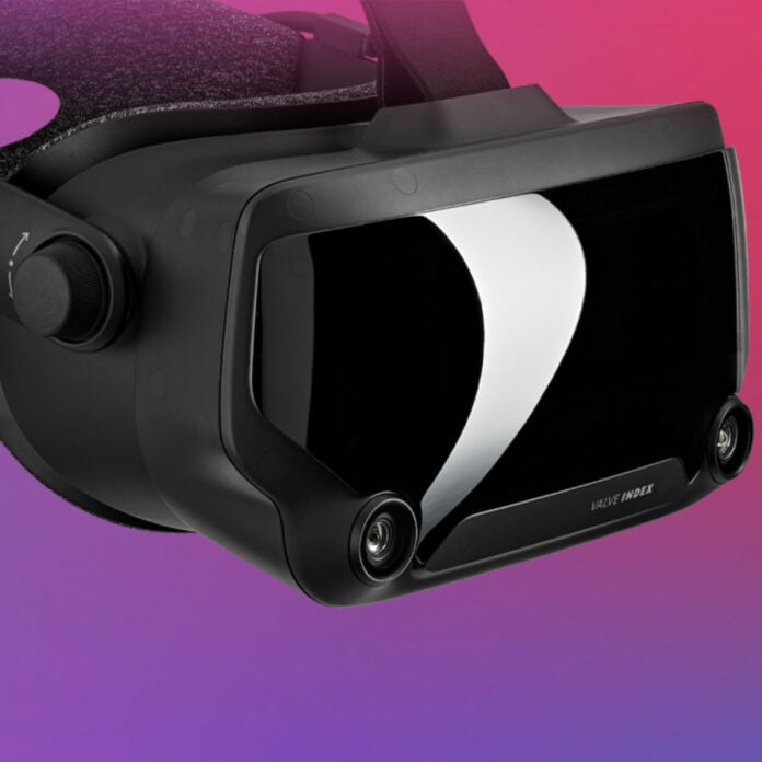 Valve Index against a pink and purple background.