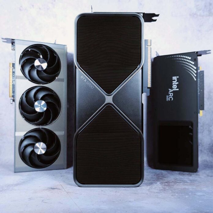 Best graphics cards - Nvidia GeForce RTX 5090 FE, Sapphire AMD Radeon RX 9070 XT, and Intel Arc B580