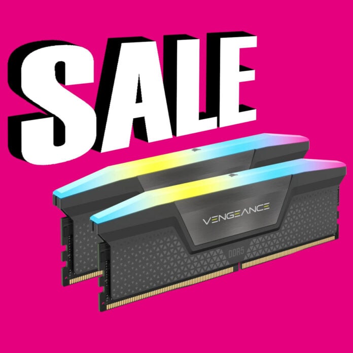 Corsair Vengeance RGB RAM sits below a large 'sale' sign.