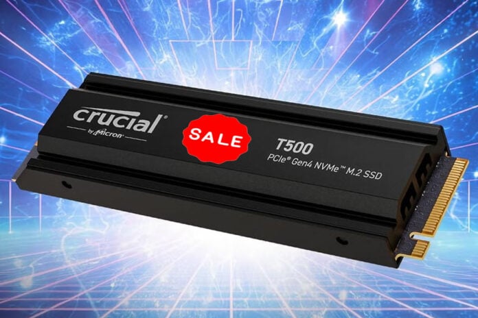 Crucial T500 SSD with a red sale sticker attached to it.