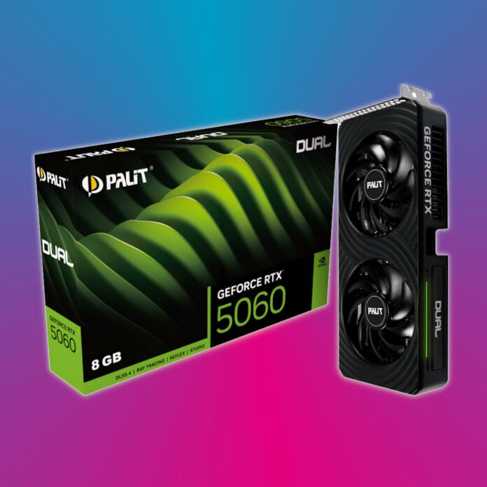 Nvidia GeForce RTX 5060 graphics card standing upright (right) next to its retail packaging (left).