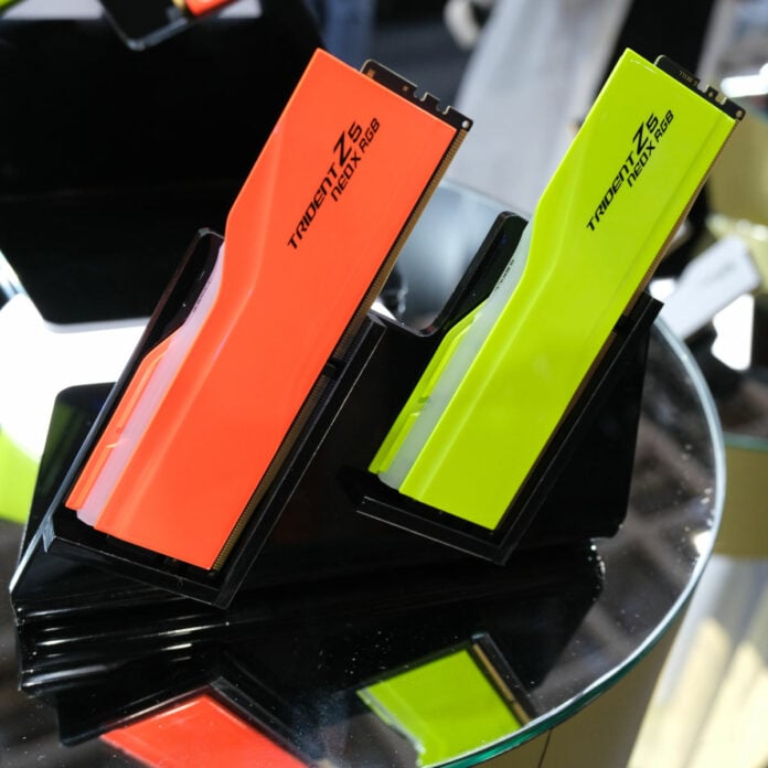 G.Skill Trident Z5 NeoX RGB Ram sticks, one orange (left) and the other yellow (right).