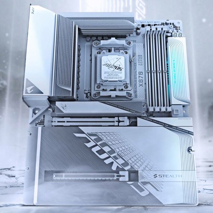 Gigabyte Aorus Stealth Ice Motherboard against a white background.