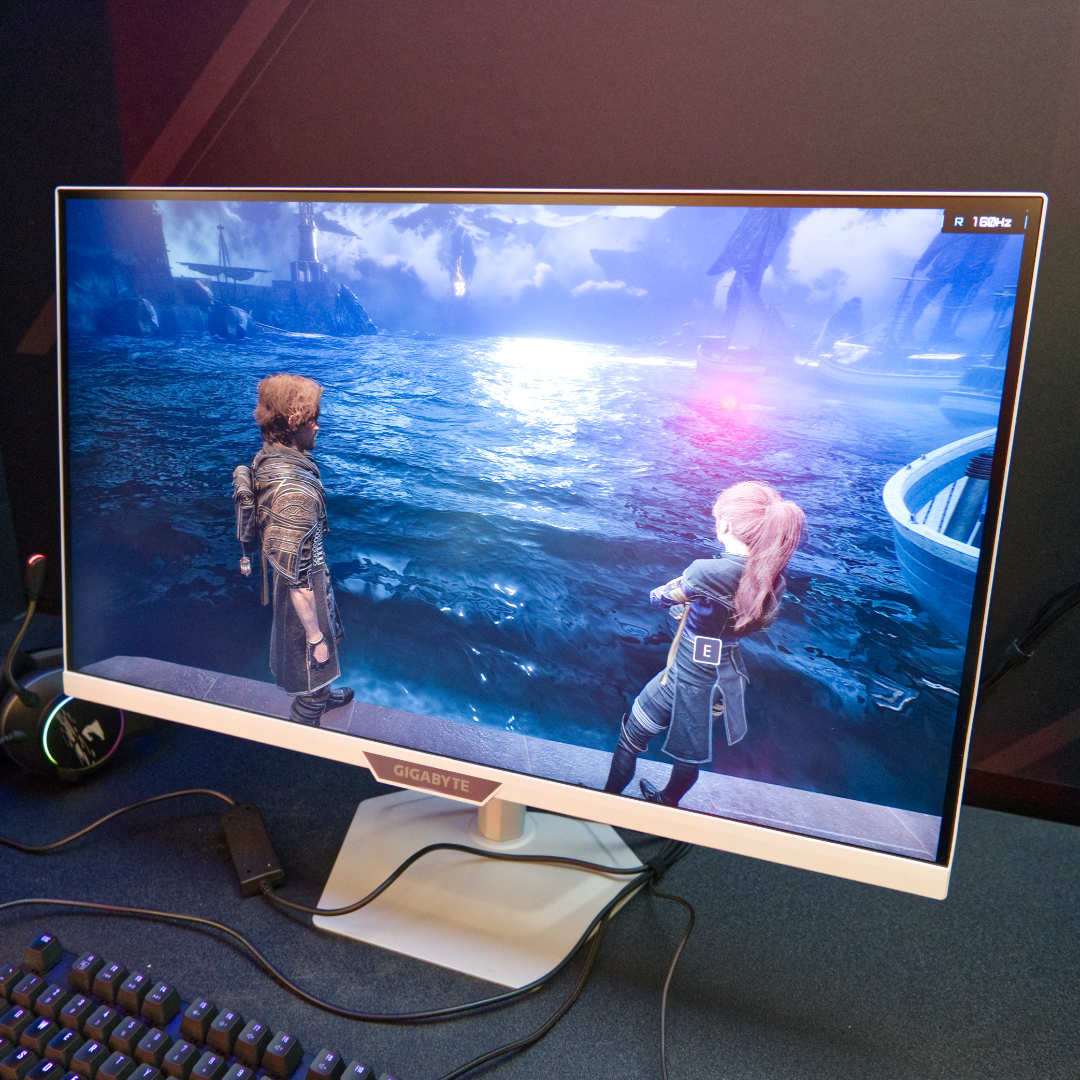 Gigabyte M27UP Ice gaming monitor in white facing left.