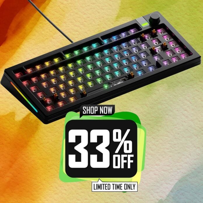 Glorious GMMK 3 barebones custom keyboard with 33% off sign.