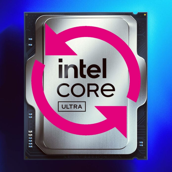 Intel Core Ultra 200 Series processor lying flat against a blue background, with a pink refresh icon superimposed on top of it.