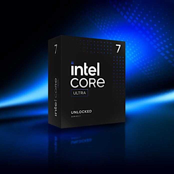 Intel Core Ultra 7 265K retail packaging, standing upright against a blue backdrop.