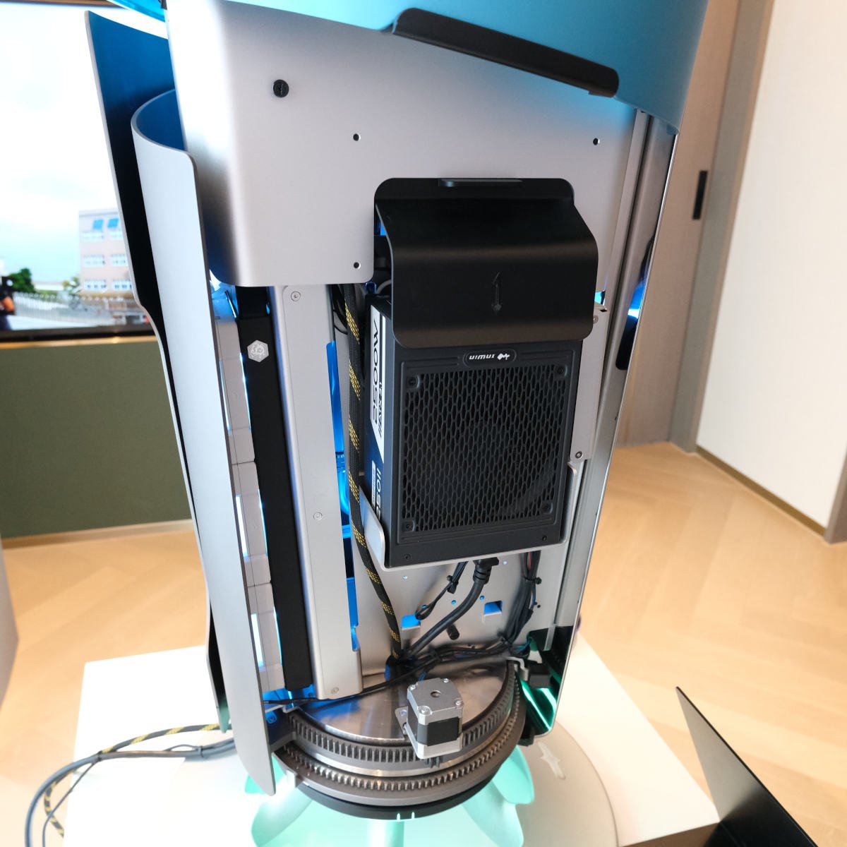 InWin ChronoMancy with its side panel open, revealing its PSU slot.