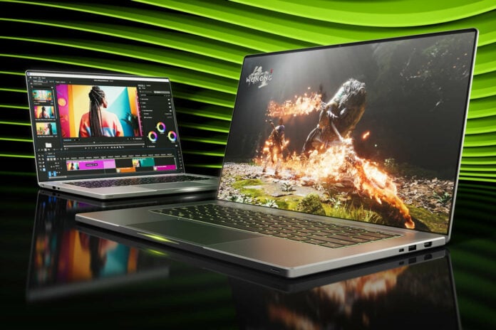 Nvidia GeForce RTX 50 Series Laptops sit side-by-side against a green background.