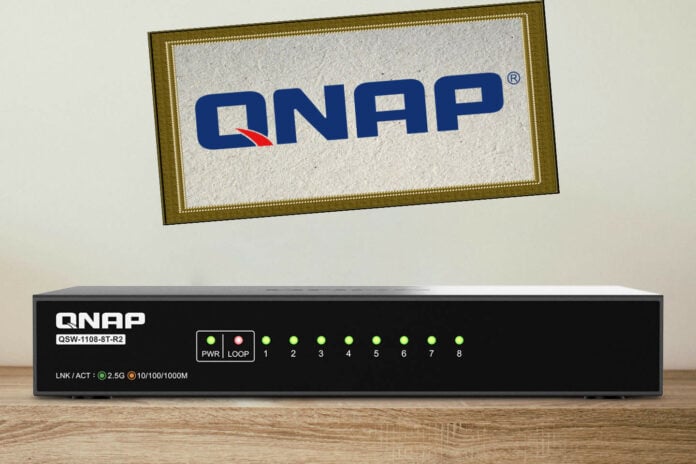 QNAP QSW-1108-8T-R2 on a desktop.