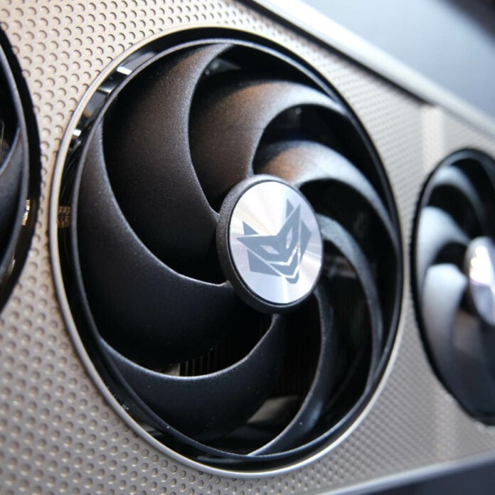 Close up of Sapphire Nitro+ fan blade, on Radeon RX 9060 XT.