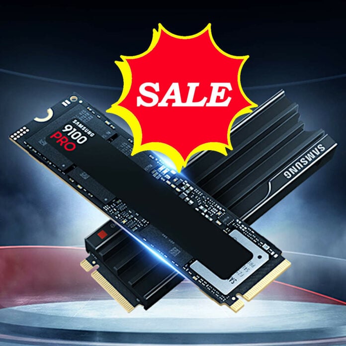 Samsung 9100 Pro SSDs in a cross formation, with a 'sale' sticker superimposed on top of them.