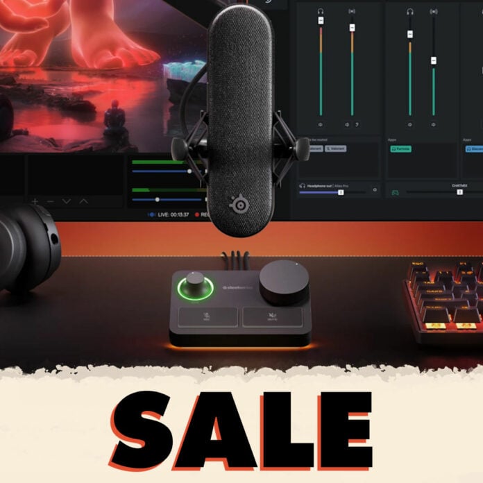 SteelSeries Alias Pro microphone and mixer sitting above a paper tear that reveals the word 